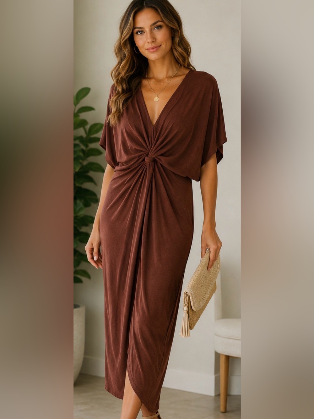 🤎 NWT Boutique Lovely Day Twist Front Midi Dress | Chocolate Brown size Large
